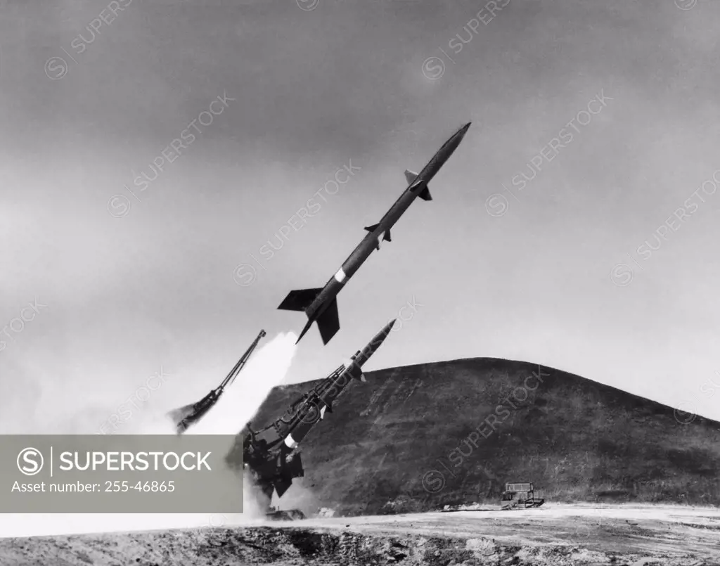 Terrier missiles taking off, Guided Missile Range, Naval Air Weapons Station China Lake, Mojave Desert, California, USA