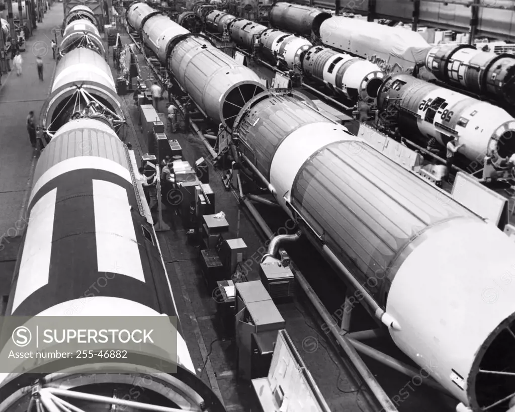 High angle view of engineers working in a missile factory, Titan ICBM, Denver, Colorado, USA