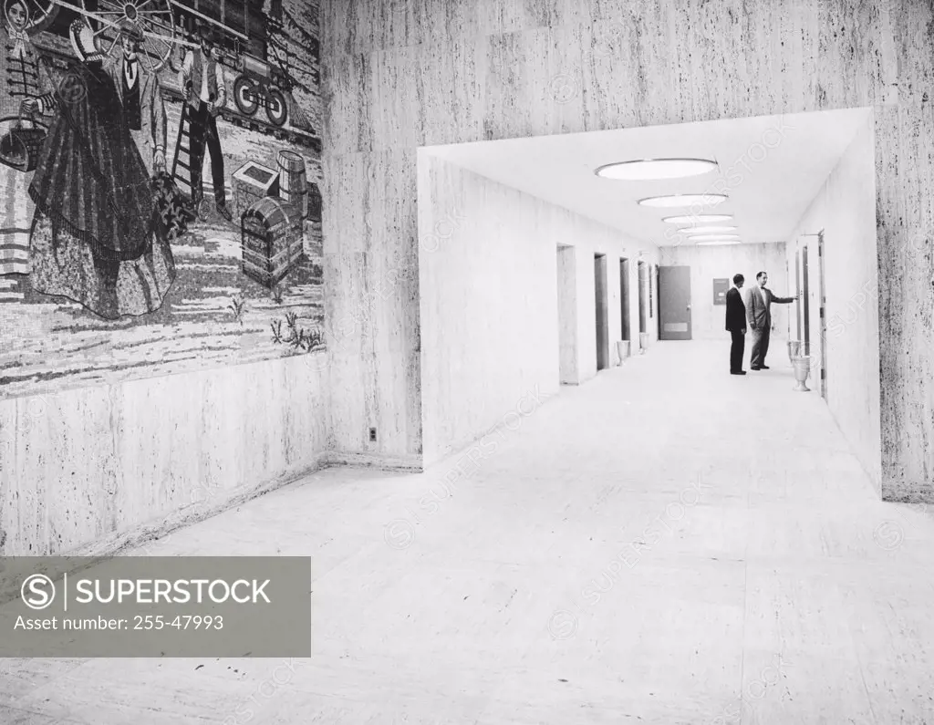 Two businessmen standing in a corridor