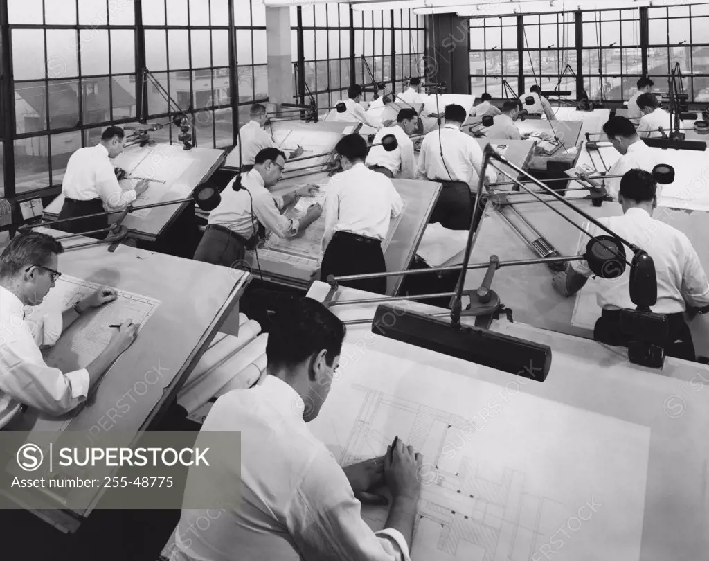 Rear view of engineers working in a drafting room, Consolidated Engineering Company, Rochester, New York State, USA