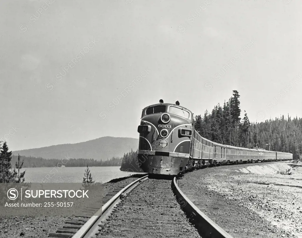 Vintage photograph. Southern Pacific's Shasta daylight in route between San Francisco and Portland Oregon at Odell Lake, Oregon
