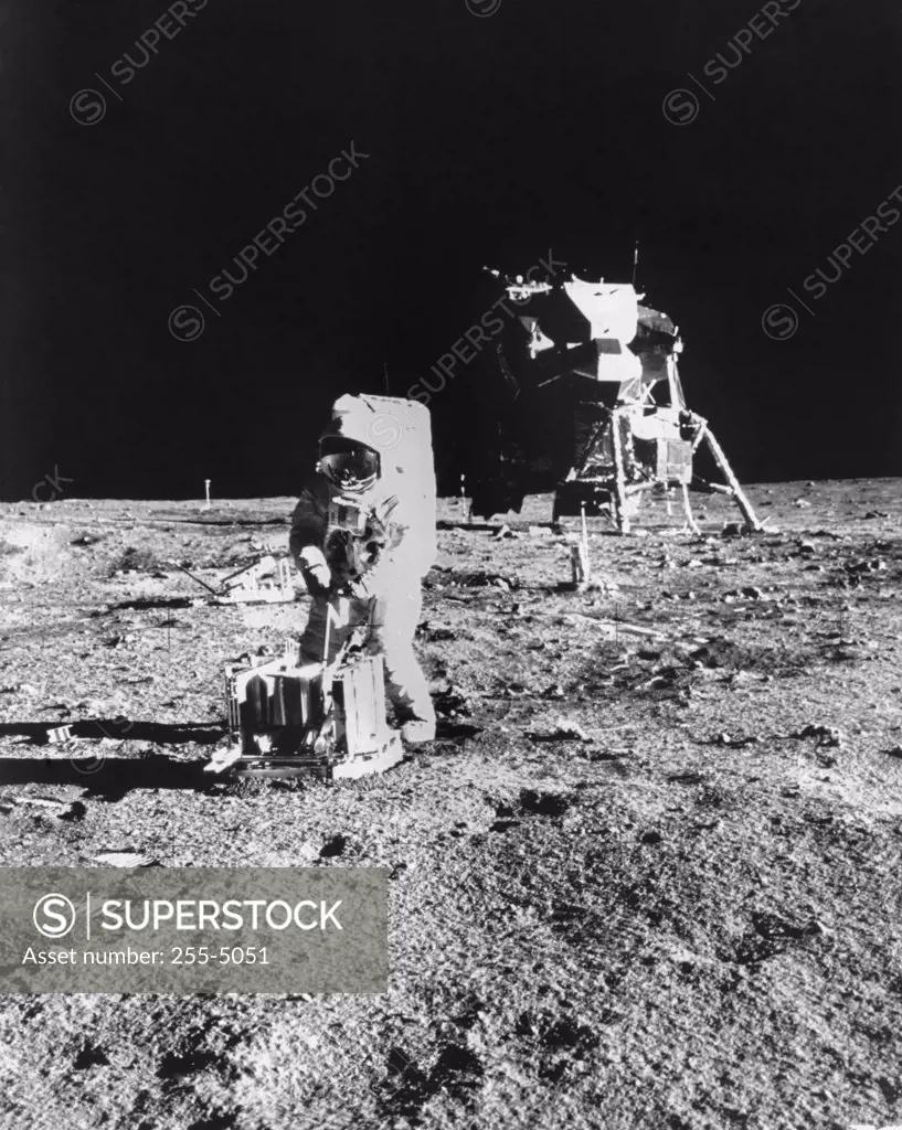 Astronaut Edwin Aldrin Jr. assembles Seismic Experiment, Apollo 11 Moon Landing, July 20, 1969