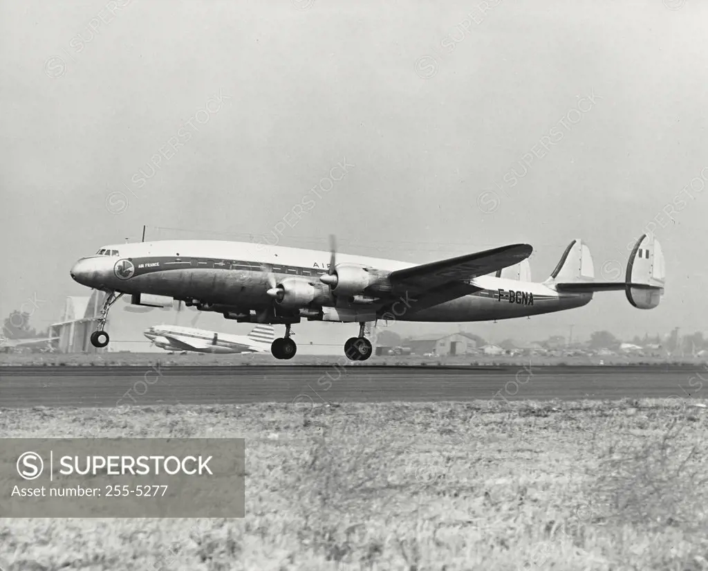 Vintage photograph. Lockheed Super Constellation with turbo compound engine flies nearly 4,000 miles without refueling and carries up to 94 passengers