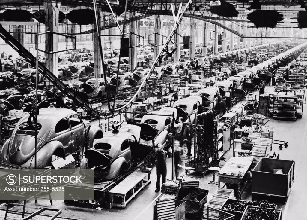 Cars being assembled in an automobile manufacturing plant, Wolfsburg, Germany
