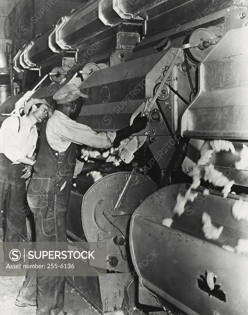 Vintage photograph. Side profile of two workers ginning cotton in a textile factory