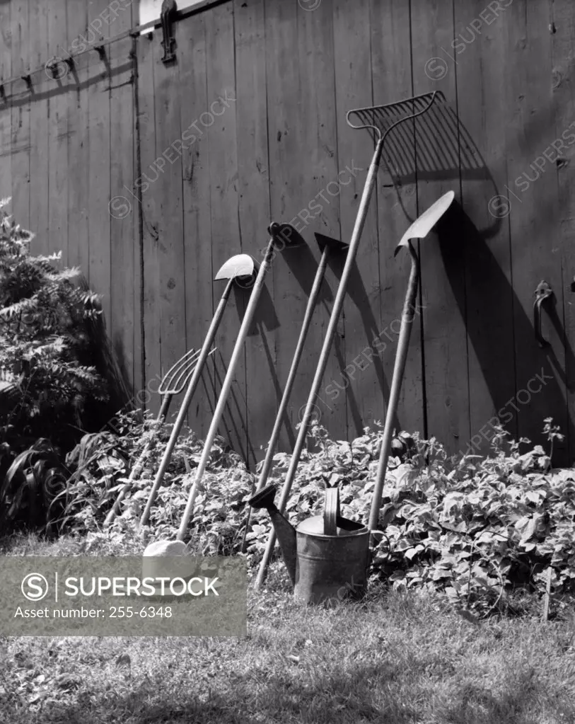 Gardening equipment leaning against a wall