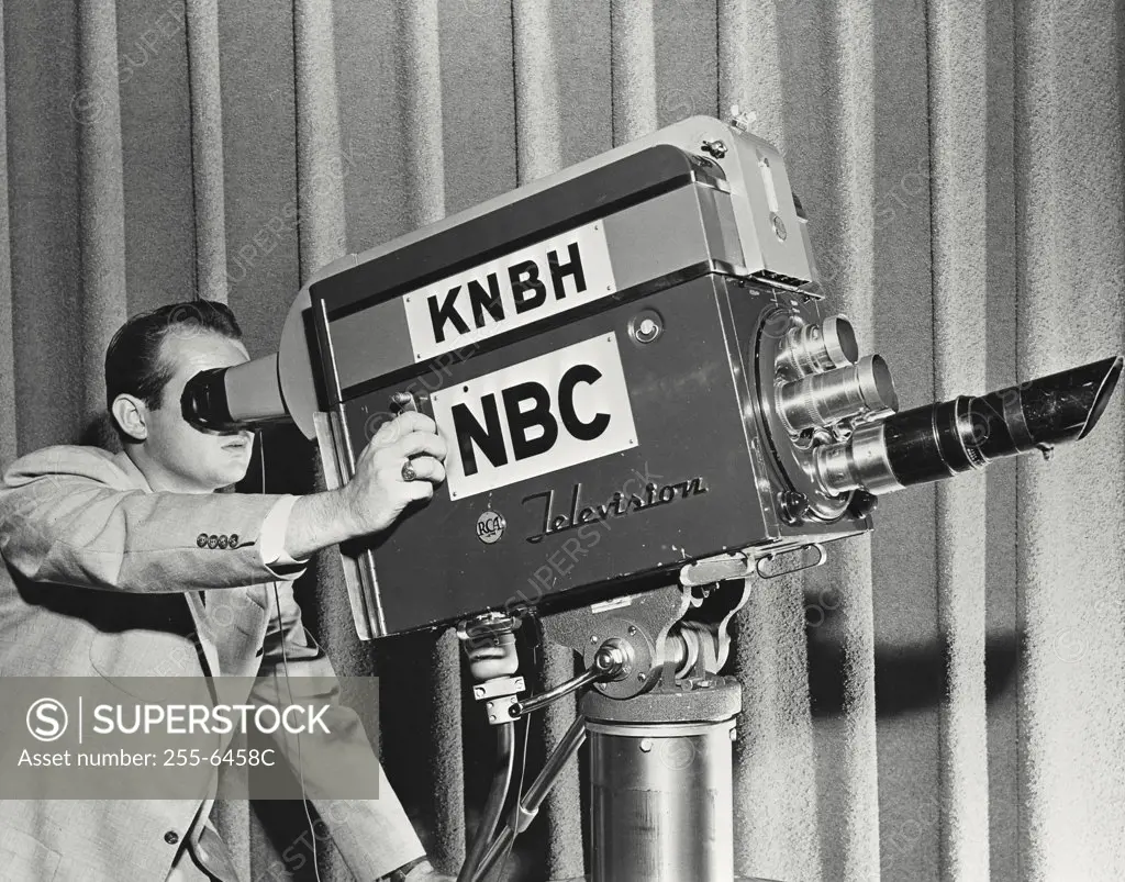 Vintage photograph. Close up of NBC television camera man