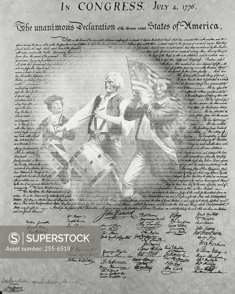 Vintage photograph. Archibald M. Willard's Spirit of '76 superimposed on Declaration of Independence