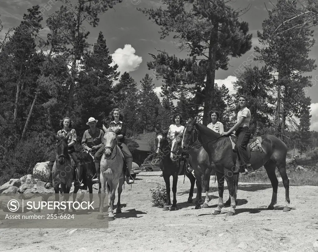 Vintage photograph. Horse back riding at Grand Lake, Colorado.