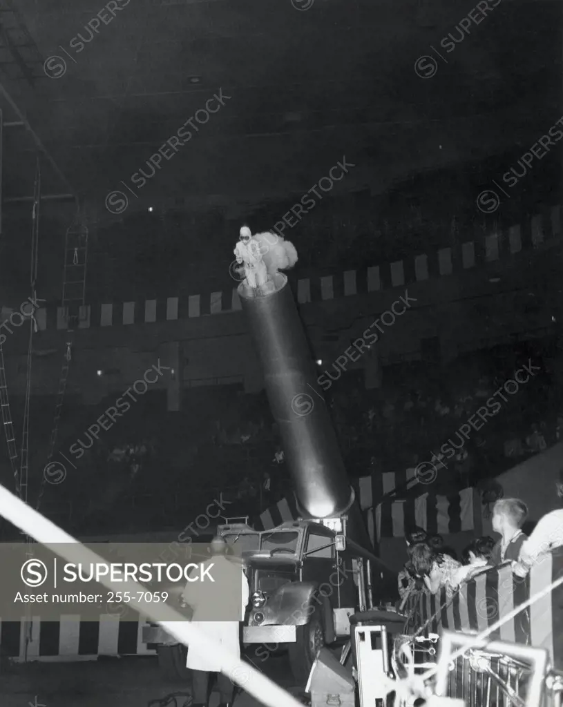 Low angle view of a human cannonball at the circus