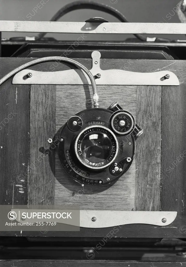 Vintage photograph. Closeup of front of View Camera