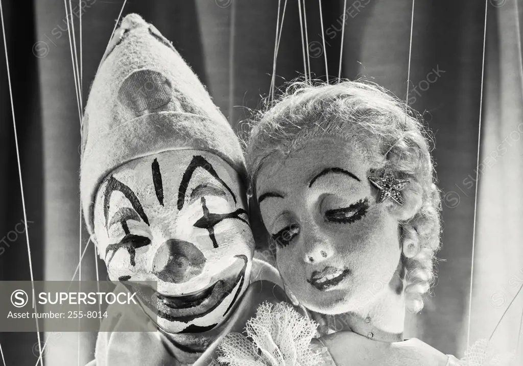 Vintage photograph. Clown and female marionette