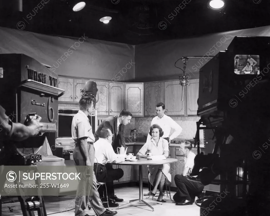 Betty White filming a commercial in a television studio, 1950s