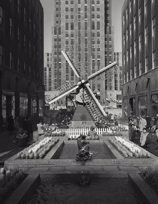 Vintage photograph. Windmill in Plaza at Rockefeller Center, New York City