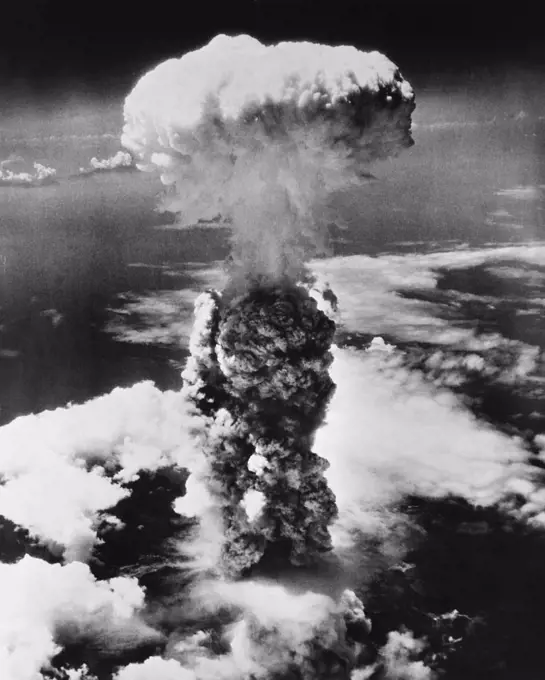 High angle view of an atomic bomb explosion, Hiroshima, Japan