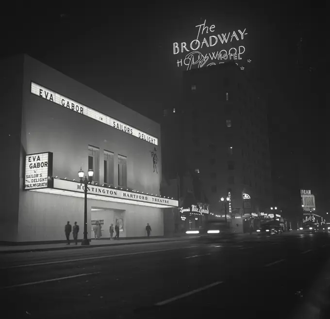 Vintage Photograph. New Huntington Hartford Theatre at night on Vine Street, Hollywood, California (legitimate theatre)