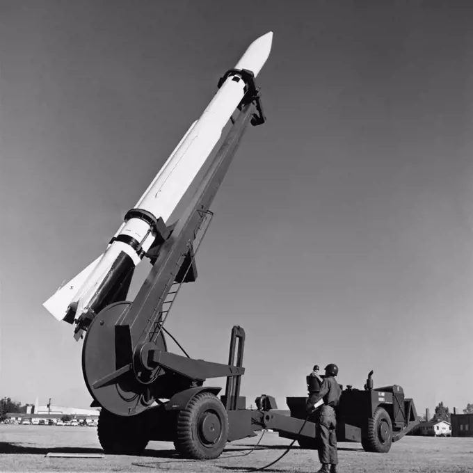 Low angle view of an army soldier standing near a missile, Corporal Surface-to-Surface Missile, Infantry Center, Fort Benning, Georgia, USA