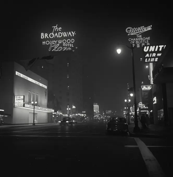 Vintage Photograph. Night view of Vine Street looking toward Hollywood Blvd, Los Angeles, California