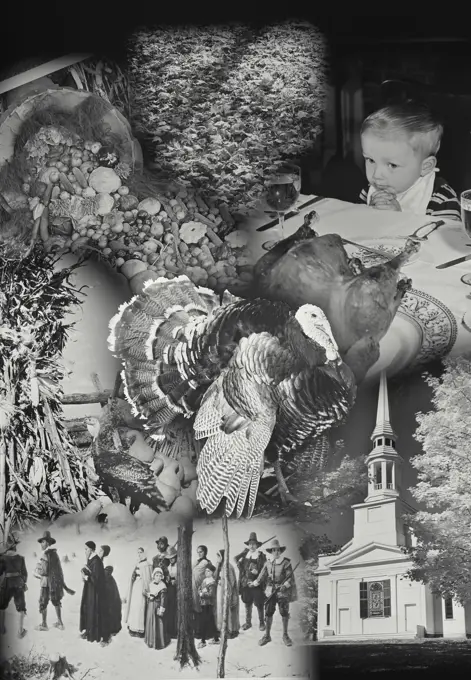 Vintage Photograph. Collage of multiple images symbolic of Thanksgiving