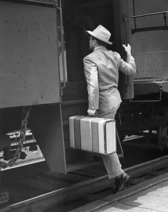 Rear view of a businessman boarding a train