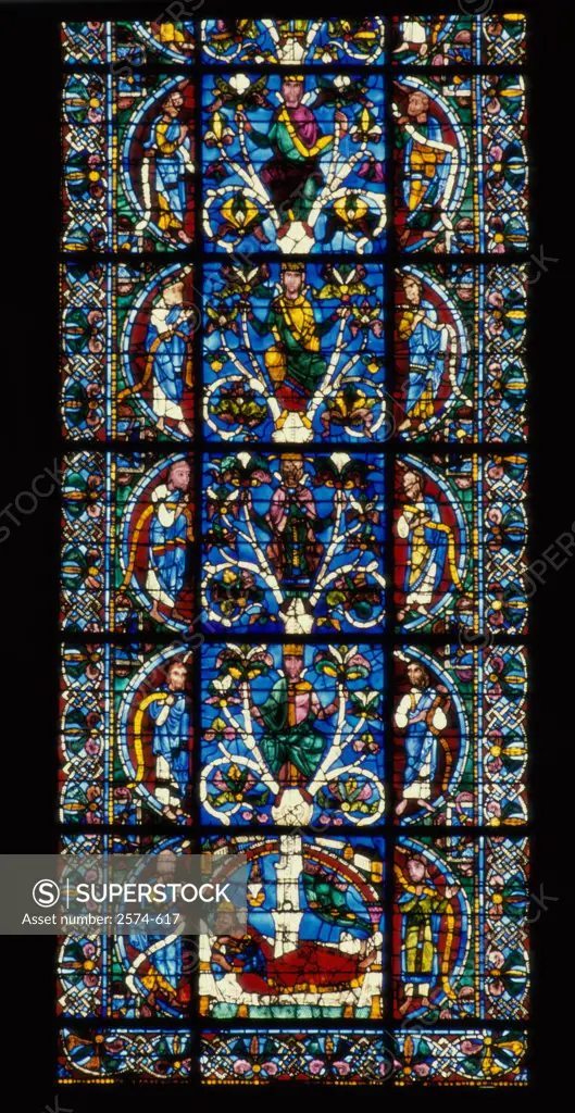 Close-up of a stained glass window in a church, Tree of Jesse, Chartres Cathedral, Chartres, France
