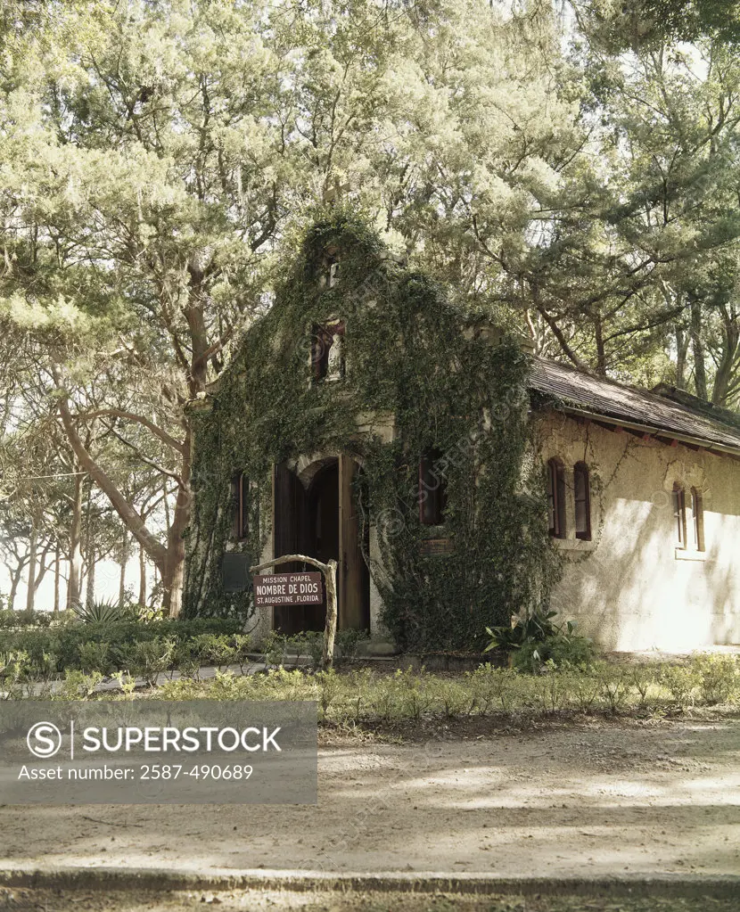 Facade of a chapel covered with ivy, Chapel of Our Lady of la Leche, Mission of Nombre de Dios, St. Augustine, Florida, USA