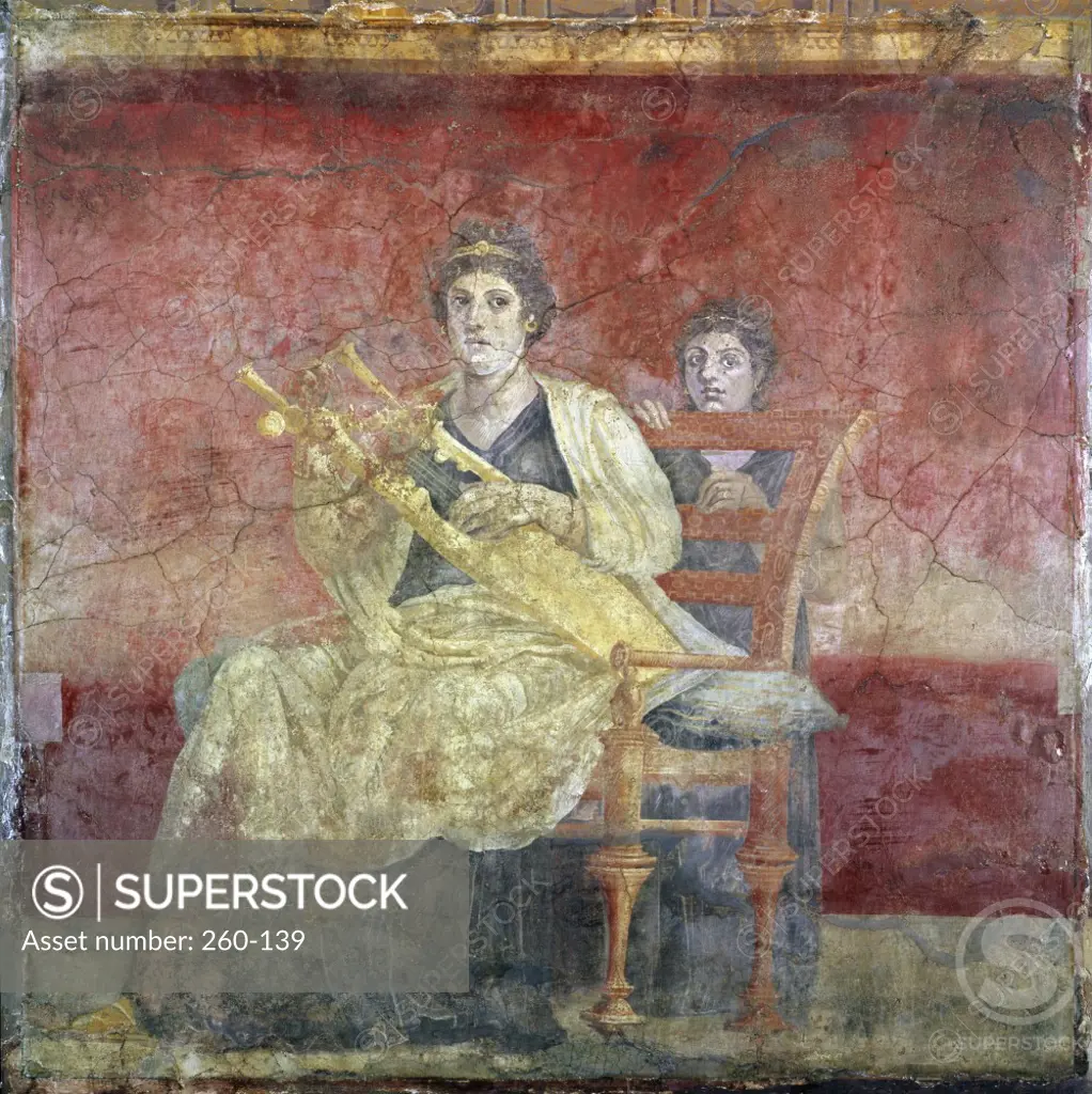 Lady Playing the Kithara (From Boscoreale Villa, Pompeii) ca. 50 BCE Roman Art Fresco 