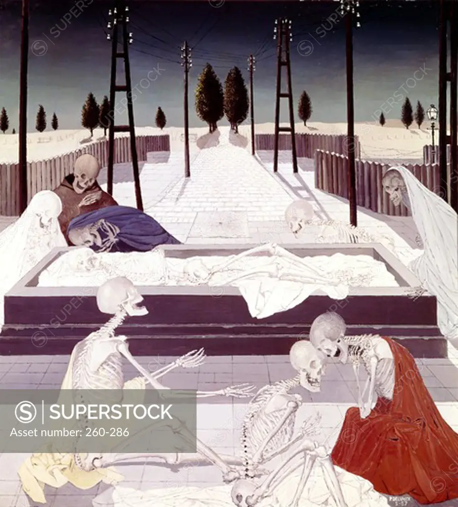 Entombment by Paul Delvaux, oil on wood panel, 1957, 1897-1994, Belgium, St. Idesbald, Paul Delvaux Foundation and Museum