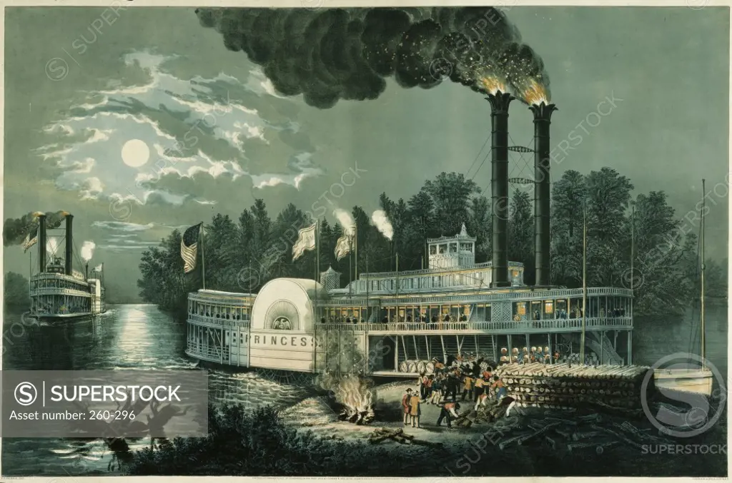 Wooding-Up on the Mississippi Currier & Ives (active 1857-1907/ American)  Color Lithograph  
