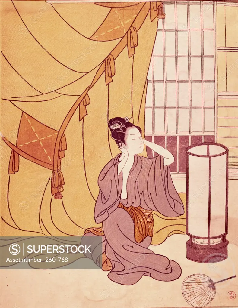 Woman Primping  Artist Unknown (Japanese) Woodblock print 