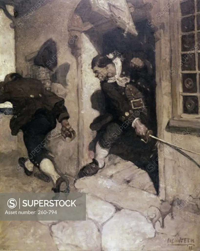 Captain Bones routs black dog by Newell Convers Wyeth from Treasure Island by Robert Louis Stevenson, oil on canvas, circa 1911, 1882-1945, USA, Pennsylvania, Chadds Ford, Brandywine River Museum