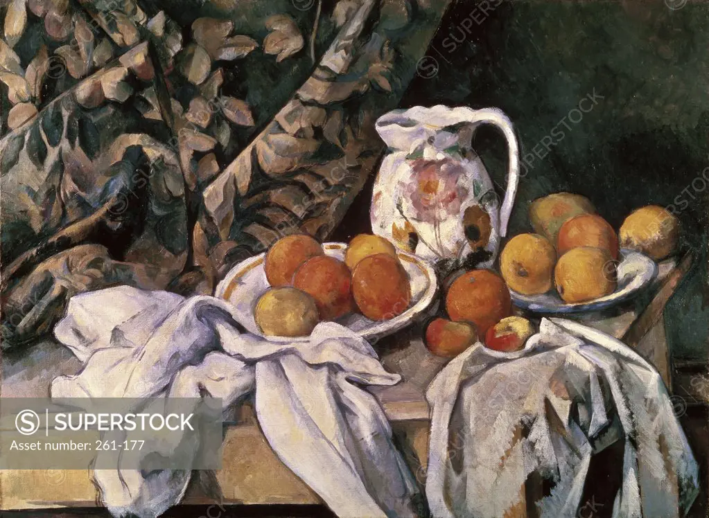 Curtain, Carafe, and Fruit 1895 Paul Cezanne (1839-1906 French) Oil on Canvas State Hermitage Museum, St. Petersburg, Russia