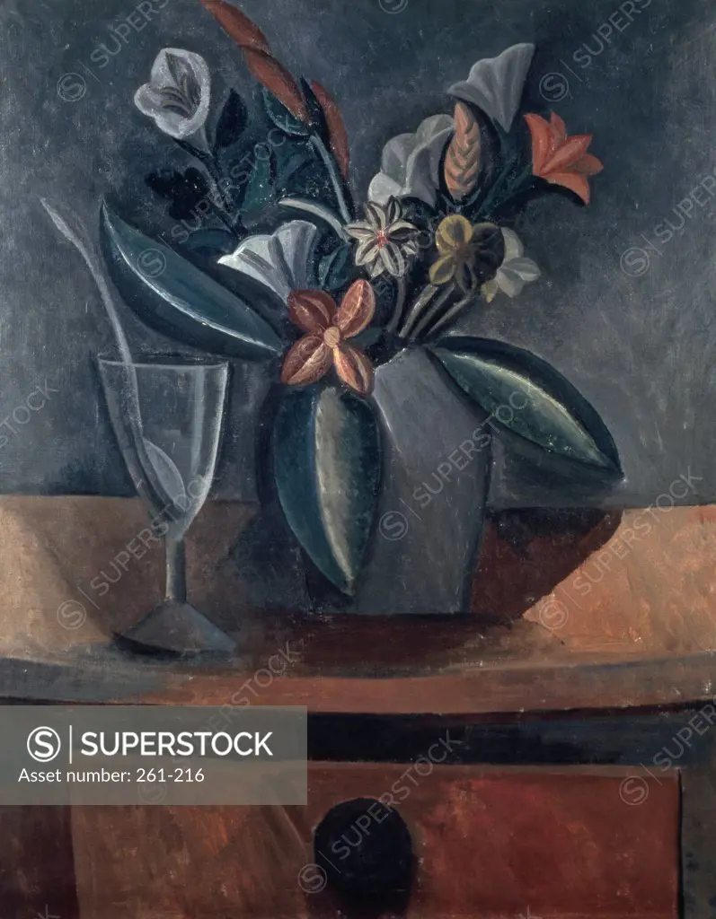 Flowers in a Gray Jar by Pablo Picasso,  oil on canvas,  1908,  (1881-1973),  Russia,  St. Petersberg,  Hermitage Museum