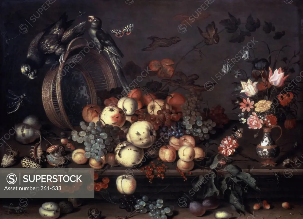 Still Life with Fruit, Flowers & Parrots 1620 Balthasar van der Ast (1593-1654 Dutch) Oil on canvas State Hermitage Museum, St. Petersburg, Russia