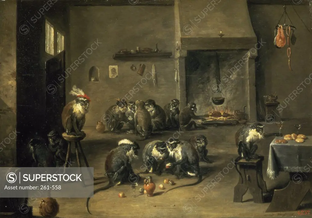 Monkeys in the Kitchen ca.1640s David Teniers II (1610-1690/Flemish)  Oil on Canvas State Hermitage Museum, St. Petersburg, Russia