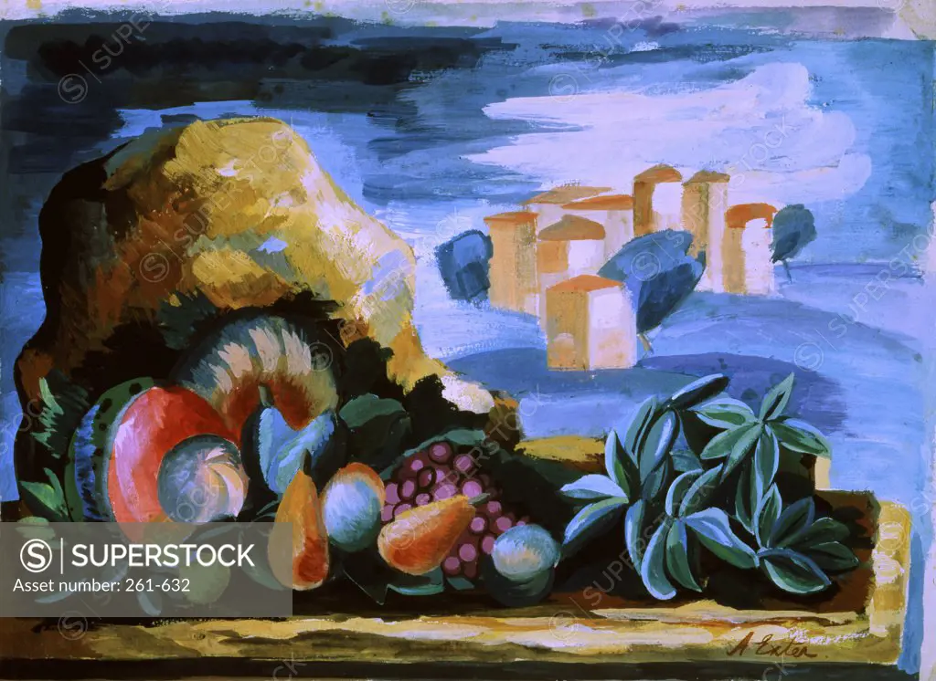 Still Life In A Landscape by Alexandra Exter, 1930, 1882-1949, Russia, Moscow, Bakhrushin Theater Museum