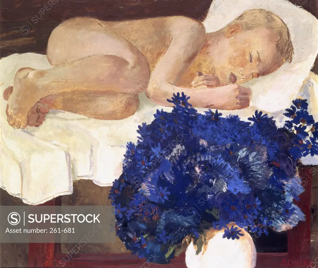 Sleeping Child with Cornflowers by Alexander Deineka, 1932, 1899-1969, Private Collection