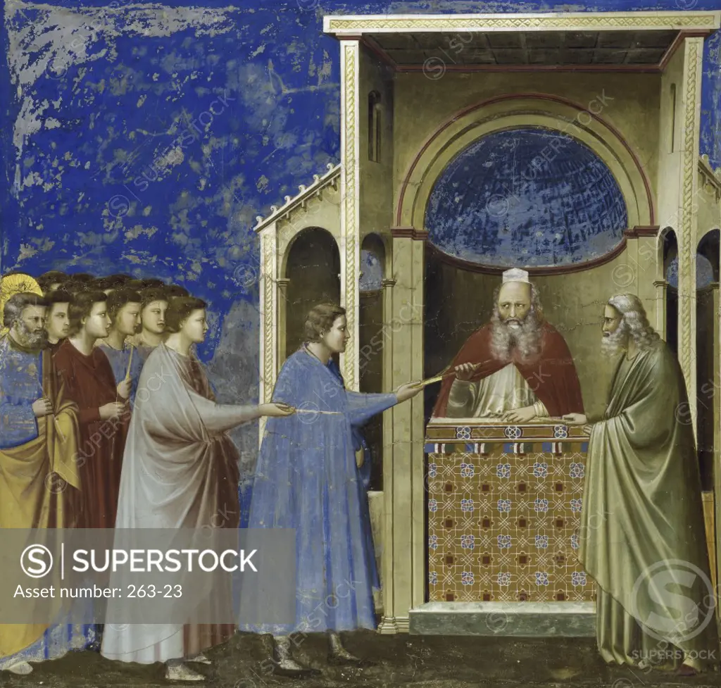 The Virgin's Suitors Presenting their Rods  c. 1305-1313,  Giotto di Bondone (c. 1266-1337 /Florentine)  Fresco  Arena Chapel, Cappella degli Scrovegni, Padua 