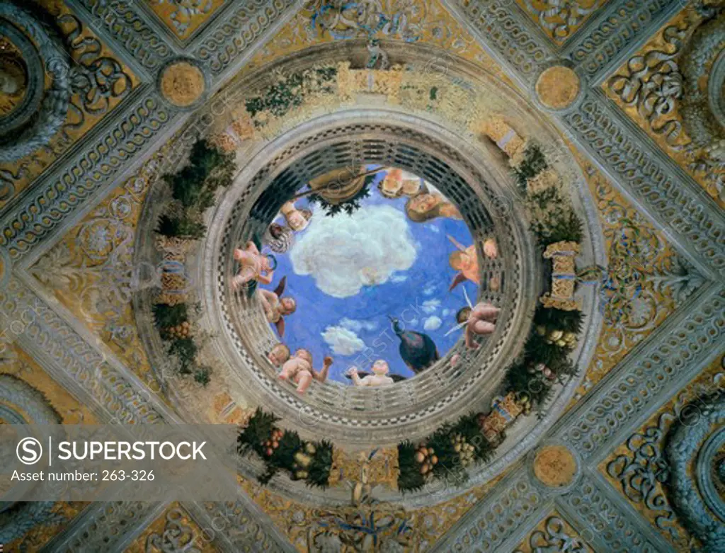 Camera degli Sposi: Ceiling Oculus ca. 1474 Andrea Mantegna (1431-1506 Italian) Fresco Palazzo Ducale, Mantua, Italy