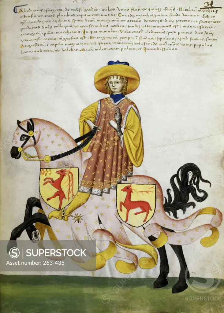 Gold Knight and Pink Horse:  Capodilista Codex  Manuscript Illumination  Biblioteca Civica, Padua 