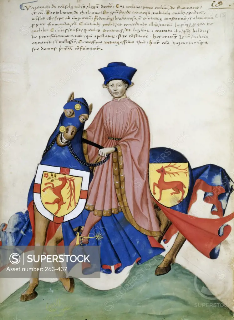 Pink Knight and Blue Horse:  Capodilista Codex  Manuscript Illumination  Biblioteca Civica, Padua 