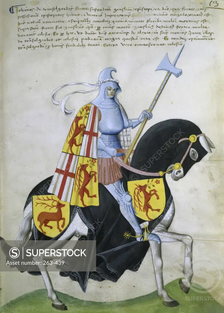Female Knight and Black Horse:  Capodilista Codex Manuscript Illumination  Biblioteca Civica, Padua 