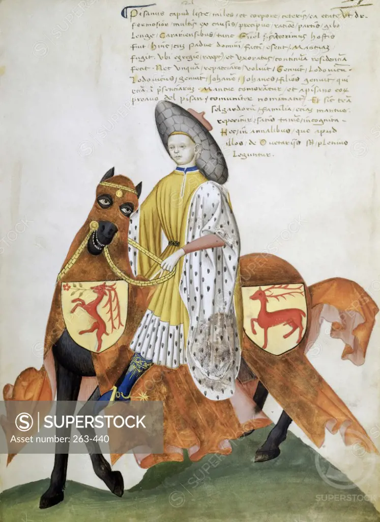 Female Rider and Orange Horse:  Capodilista Codex  Manuscript Illumination  Biblioteca Civica, Padua 