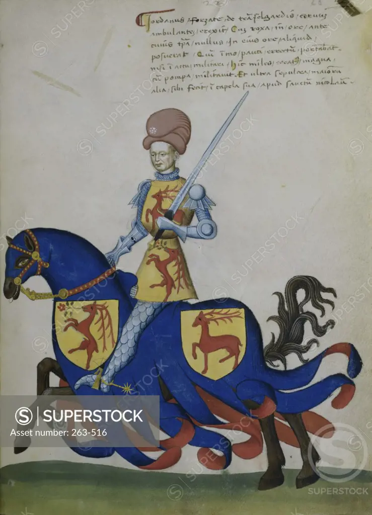 Knight in Yellow on Blue Horse:  Capodilista Codex  Manuscript Illumination  Biblioteca Civica, Padua 