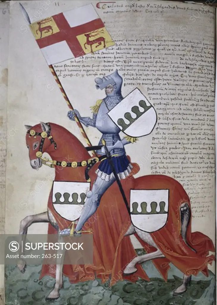 Knight with Green and White Shields on Red Horse: Capodilista Codex 15th Century Manuscripts Civic Library of Padua