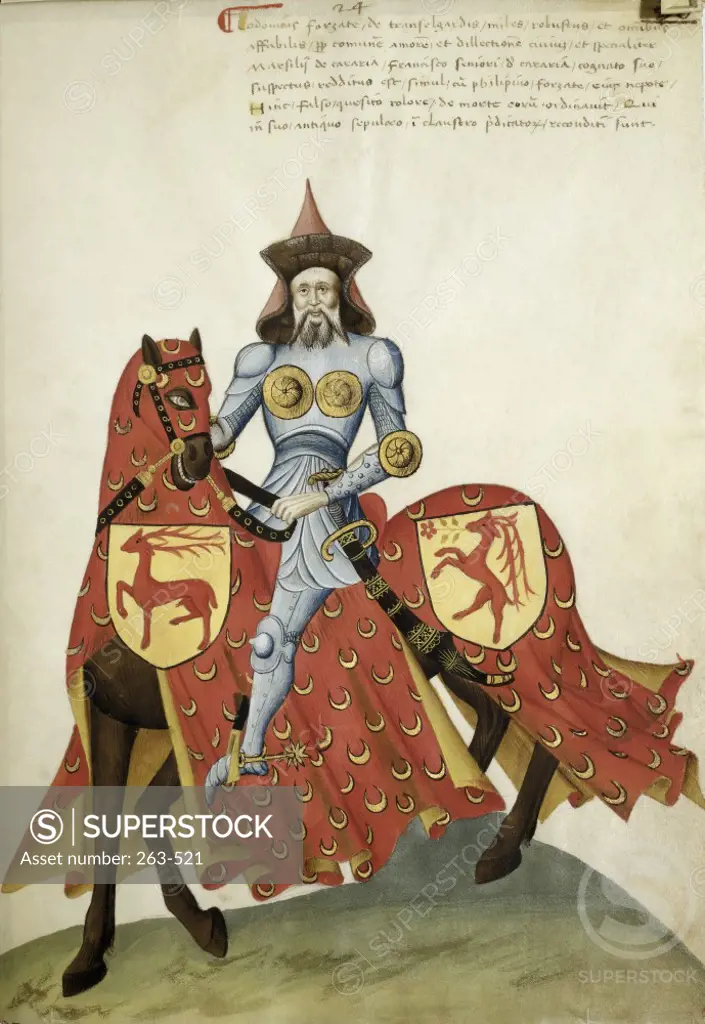 Capodilista Codex: Knight with Chest Protector Riding on Red Horse Illuminated manuscript  Biblioteca Civica, Padua, Italy