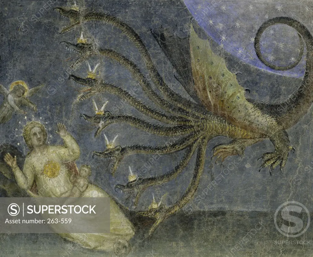 The Dragon Wants to Devour the Infant from Apocalypse:  Descent of the Holy Ghost  Giusto di Giovanni Menabuoi (op. 1363-d. 1393/ Italian)  Fresco  Baptistry of the Cathedral, Padua 