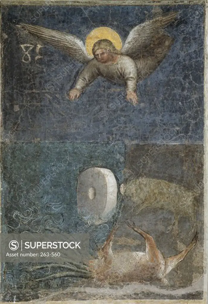 Angel Kills the Beast with a Rock as Big as a Milestone From Apocalypse: Descent of the Giusto di Giovanni de Menabuoi (Op. 1363-M.  1393/Italian) Baptistery of the Cathedral, Padua 