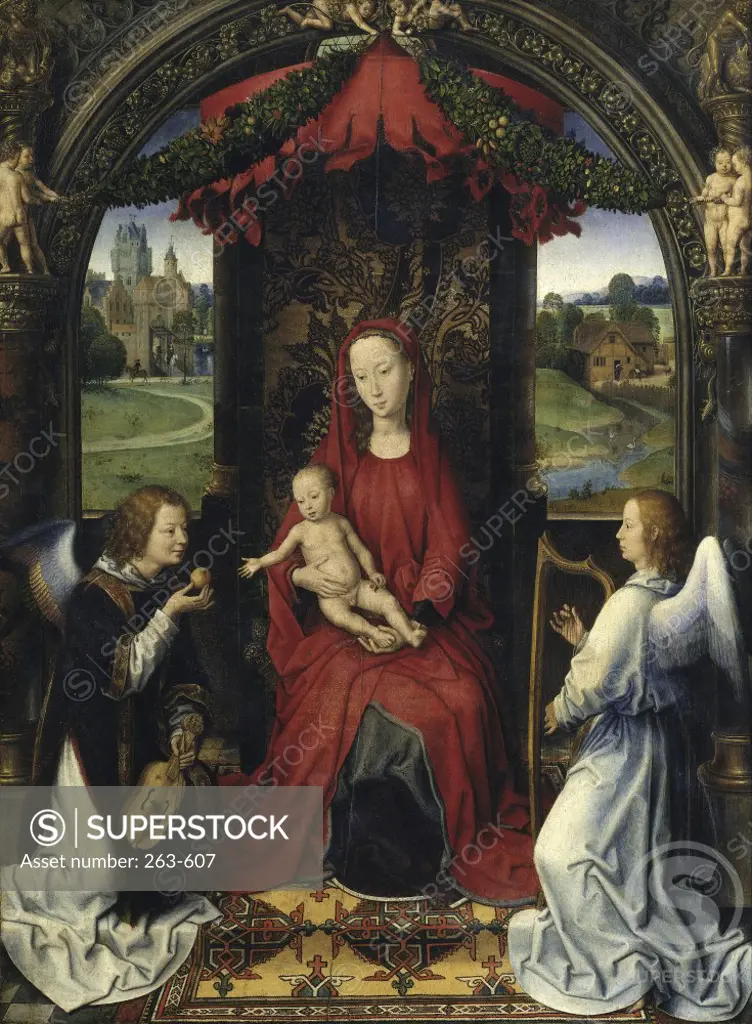 Madonna and Child with Two Angels  Hans Memling (c.1433-1494/Netherlandish)  Oil on Wood Panel  Galleria degli Uffizi, Florence 