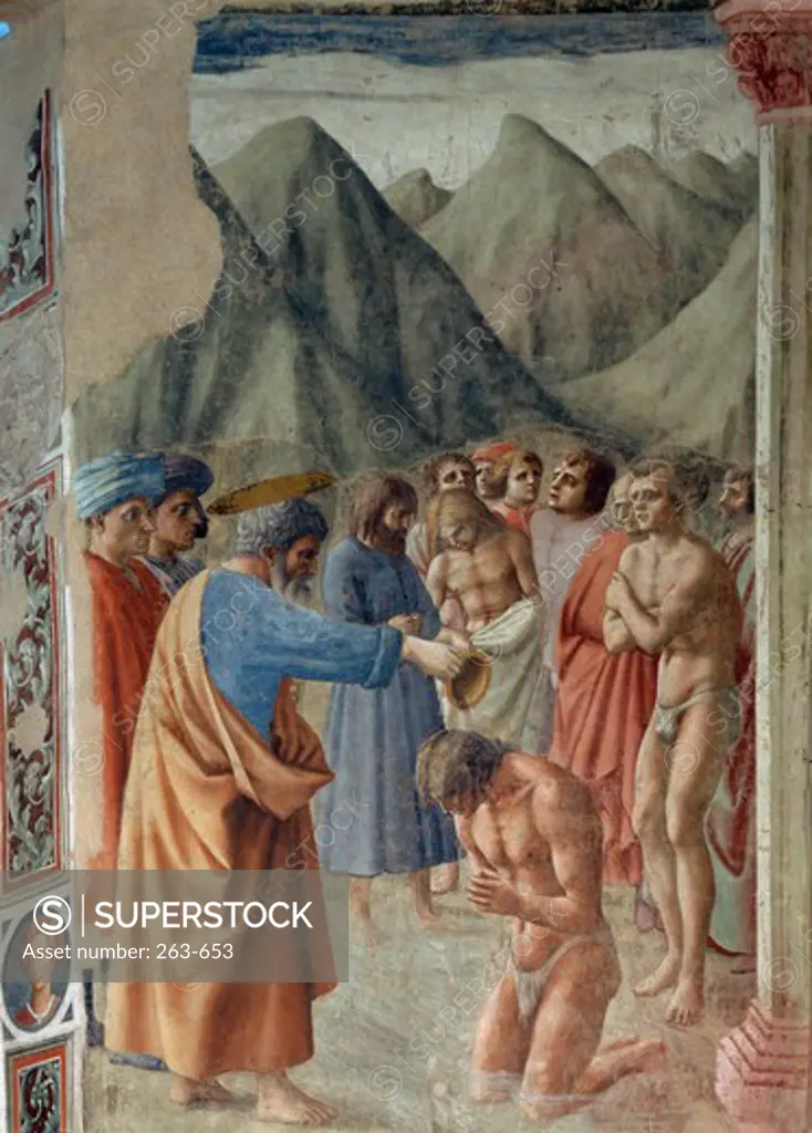 Saint Peter Baptizes the Neophytes 1426-27 Masaccio (1401-1428 Italian)  Fresco Cappella Brancacci, Santa Maria del Carmine,  Florence, Italy